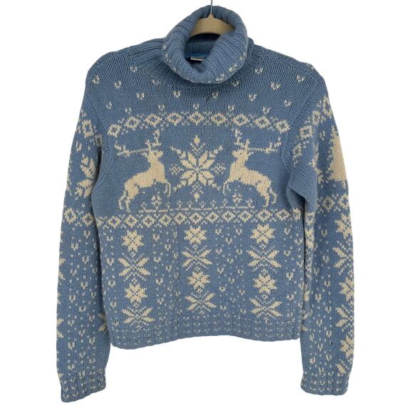 White + Warren Blue White Fair Isle Cashmere Turtleneck Sweater Winter Soft M - Picture 1 of 8